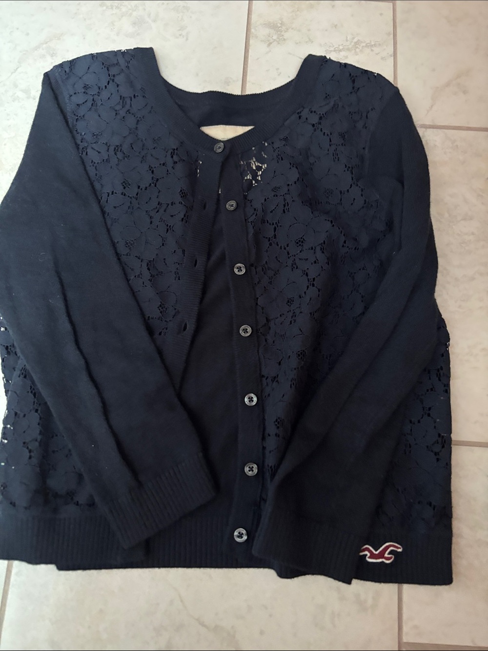 Hollister Navy Cardigan Lace Floral Detail Size S Good Condition‎